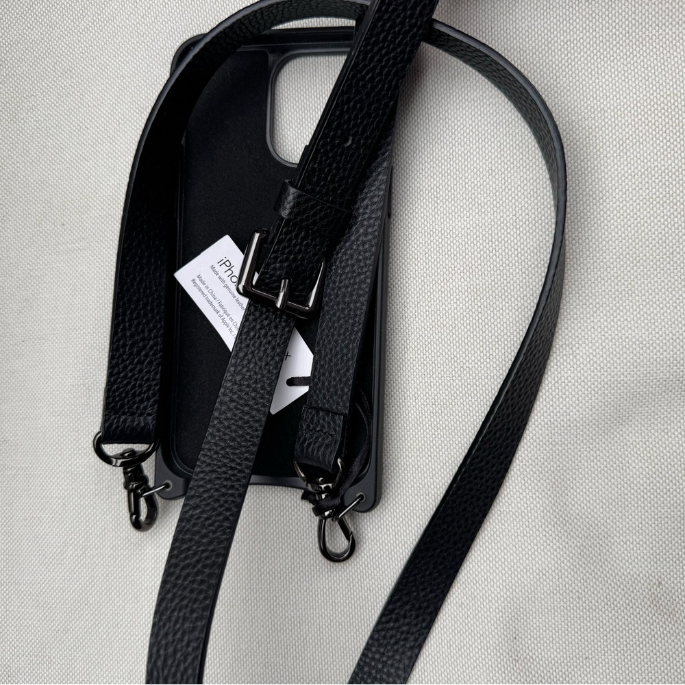 Bandolier Black Pebbled Leather Crossbody Phone Wallet with Gold Logo - Picture 4 of 6